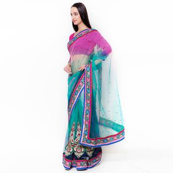 Blue Embroidered Net Saree With Blouse 2