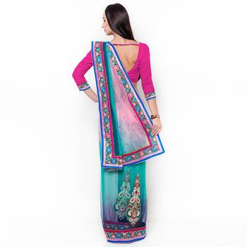 Blue Embroidered Net Saree With Blouse 3
