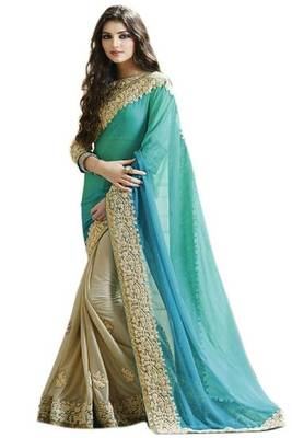 Sky blue embroidered georgette saree with blouse 2