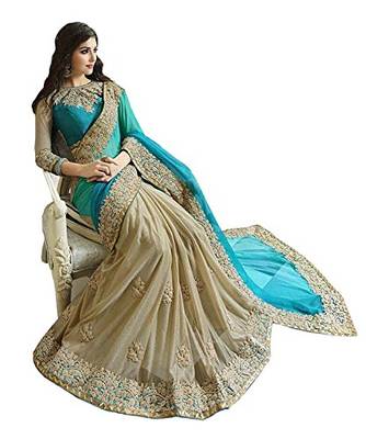 Sky blue embroidered georgette saree with blouse 3