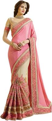 Pink embroidered pure chiffon saree with blouse 2