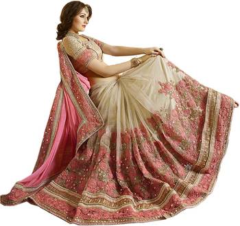 Pink embroidered pure chiffon saree with blouse 3