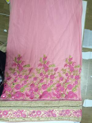 Pink embroidered pure chiffon saree with blouse 5