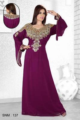 Purple  Embroidered  Faux Georgette  Kaftan 1