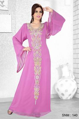 Pink  Embroidered  Faux Georgette  Kaftan 1