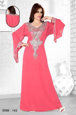 Peach  Embroidered  Faux Georgette  Kaftan 1