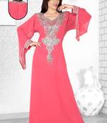 Peach  Embroidered  Faux Georgette  Kaftan