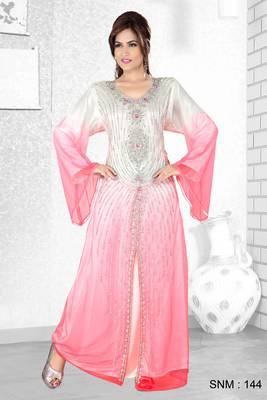 Off White And Pink  Embroidered  Faux Georgette  Kaftan 1
