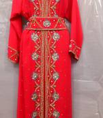 Red Georgette Hand Embroidery Stitched Abaya With Belt