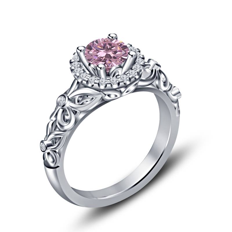 Ladies Pink White Round Cut Cubic Zirconia Leaf Design Wedding