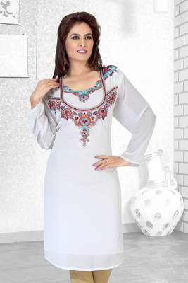 Off White Embroidered Faux Georgette Kurti 1