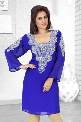 Royal Blue Embroidered Faux Georgette Kurti 1