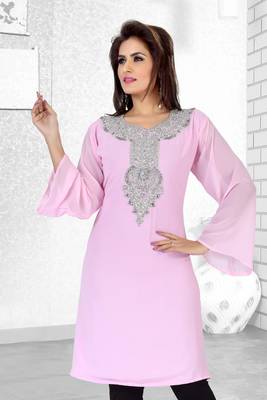 Baby Pink Embroidered Faux Georgette Kurti 1