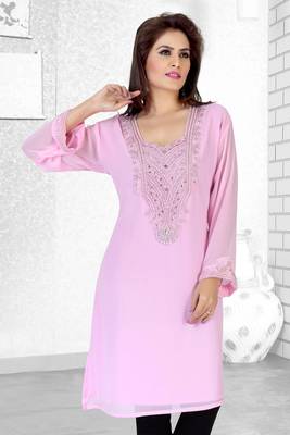 Baby Pink Embroidered Faux Georgette Kurti 1
