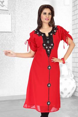 Red Embroidered Faux Georgette Kurti 1