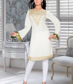 Off White Embroidered Faux Georgette Kurti