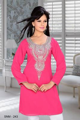 Fuchsia Pink Embroidered Faux Georgette Kurti 1
