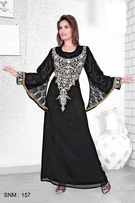 Black Embroidered Faux Georgette Kaftan 1