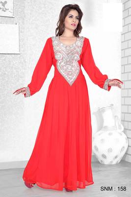 Red Embroidered Faux Georgette Kaftan 1