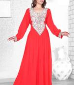 Red Embroidered Faux Georgette Kaftan