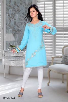 Sky Blue Embroidered Faux Georgette Kurti 1