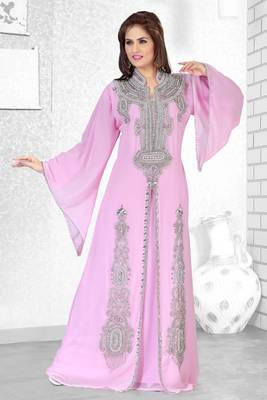 Baby Pink Embroidered Faux Georgette Kaftan 1