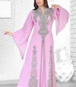 Baby Pink Embroidered Faux Georgette Kaftan