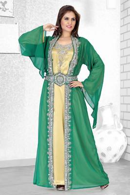Bottle Green And Golden Satin Embroidered Faux Georgette Moroccan Kaftan 1