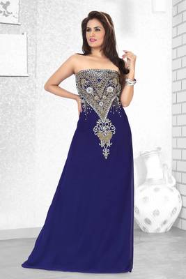 Dark Blue Embroidered Faux Georgette Fustan 1