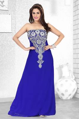 Royal Blue Embroidered Faux Georgette Fustan 1