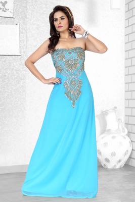 Sky Blue Embroidered Faux Georgette Fustan 1
