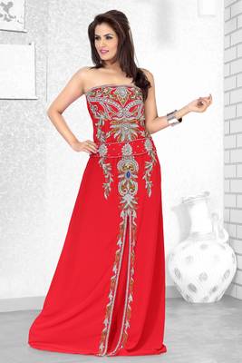Red Embroidered Faux Georgette Fustan 1