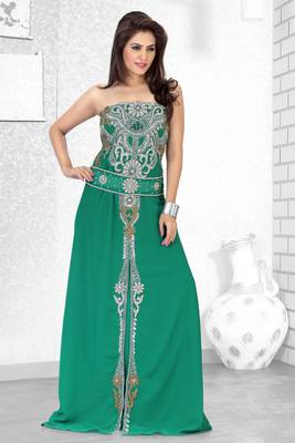 Bottle Green Embroidered Faux Georgette Fustan 1