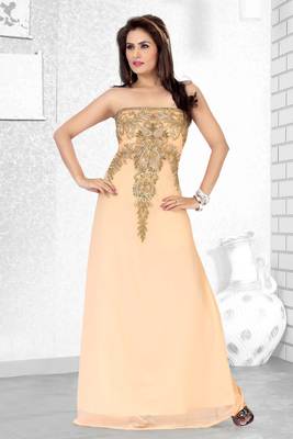 Peach Embroidered Faux Georgette Fustan 1
