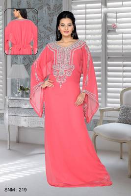 Peach Embroidered Faux Georgette Kaftan 1