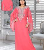 Peach Embroidered Faux Georgette Kaftan