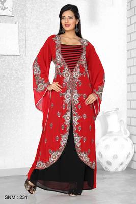 Red And Black Embroidered Faux Georgette Kaftan 1