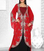 Red And Black Embroidered Faux Georgette Kaftan