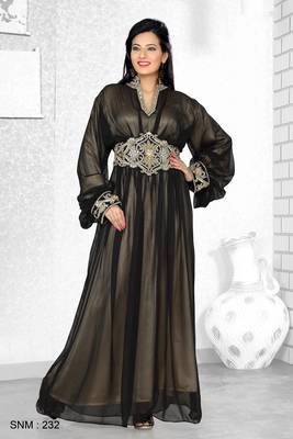 Black And Golden Satin Embroidered Faux Georgette Kaftan 1