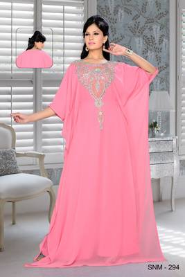 Pink Embroidered Faux Georgette Farasha Kaftan 1