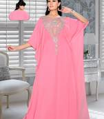 Pink Embroidered Faux Georgette Farasha Kaftan