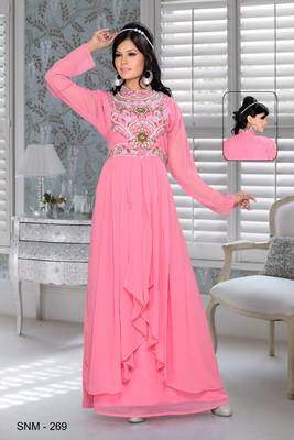 Baby Pink Embroidered Faux Georgette Kaftan 1
