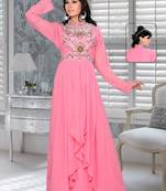 Baby Pink Embroidered Faux Georgette Kaftan