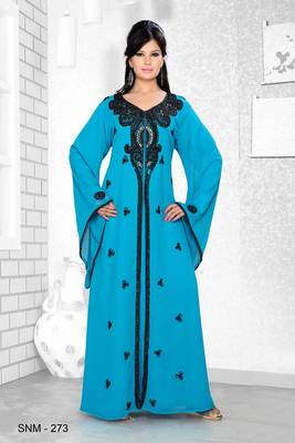 Turquoise Blue Embroidered Faux Georgette Kaftan 1