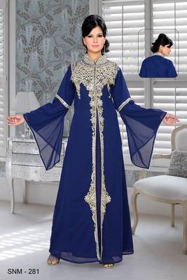 Navy Blue Embroidered Faux Georgette Kaftan 1