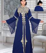 Navy Blue Embroidered Faux Georgette Kaftan