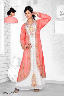 Coral And Off White Embroidered Faux Georgette Kaftan 1