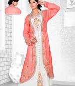 Coral And Off White Embroidered Faux Georgette Kaftan