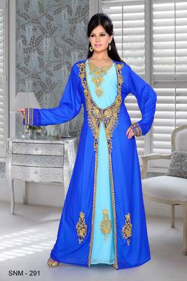 Royal Blue And Sky Blue Embroidered Faux Georgette Kaftan 1