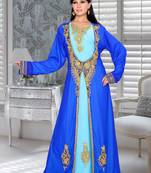 Royal Blue And Sky Blue Embroidered Faux Georgette Kaftan